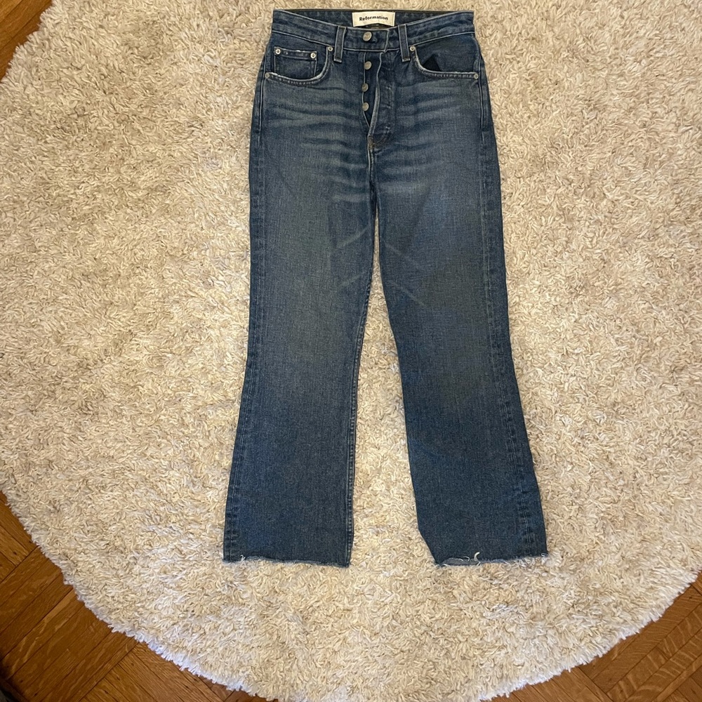 Reformation button-up crop and flare jeans